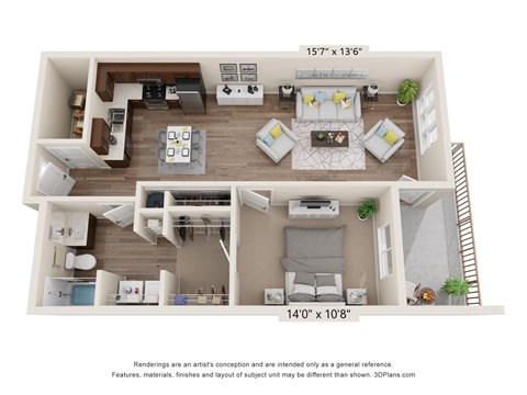 A 3D floor plan of a two-story apartment with dimensions and a disclaimer.